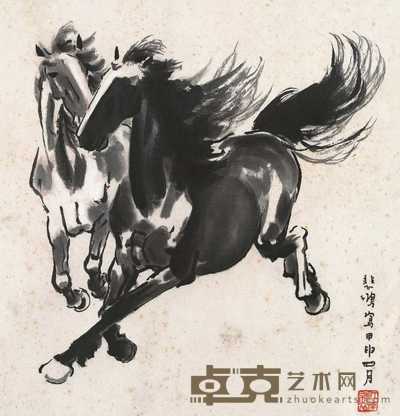 徐悲鸿 双马图 镜心 32×31cm
